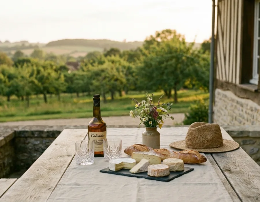 Terrasse normande en bois avec bouteille de calvados, verres en cristal, plateau de fromages AOP et bouquet de fleurs des champs, vue sur les vergers du Pays d'Auge au coucher du soleil