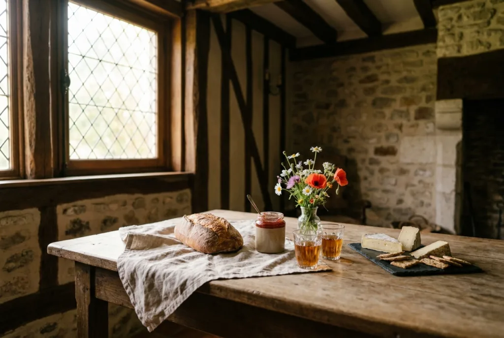 Table set with artisan bread, cheeses, cider and wildflowers inside a half-timbered Norman home