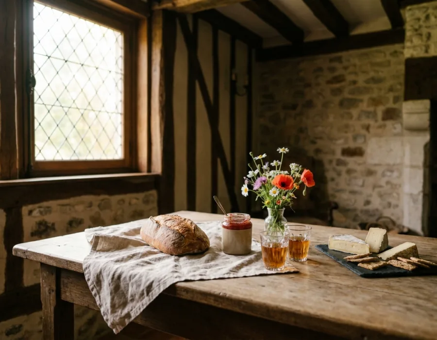 Table dressée avec pain artisan, fromages, cidre et fleurs des champs dans un intérieur normand à colombages